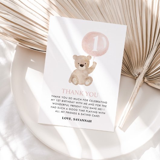 1月1日の誕生日ベアーピンクバルーン サンキューカード