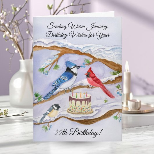 1月35日 誕生日 裏庭の鳥 水彩画 カード