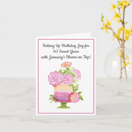 1月40日バースデーケーキパープルカーネーション カード (黄色い花)