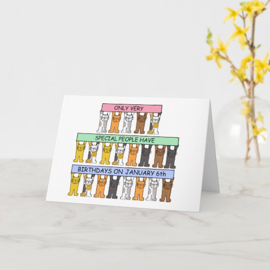 1月6日の誕生日、かわいい漫画猫 カード (黄色い花)