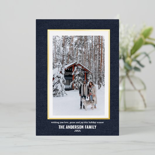 1枚のエレガントフォトブルー金ゴールドクリスマス 箔シーズンカード (立ち正面)