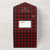 1枚のカードに4枚の写真を1枚の赤いプレイドクリスマス オールインワン招待状 (外側)