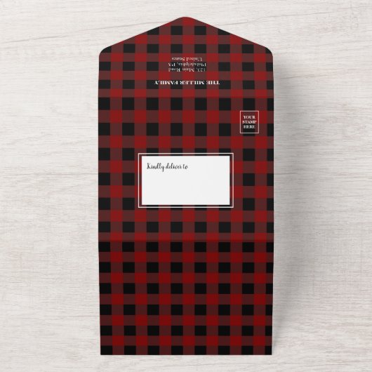 1枚のカードに4枚の写真を1枚の赤いプレイドクリスマス オールインワン招待状 (外側)