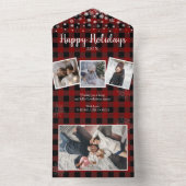 1枚のカードに4枚の写真を1枚の赤いプレイドクリスマス オールインワン招待状 (内側)