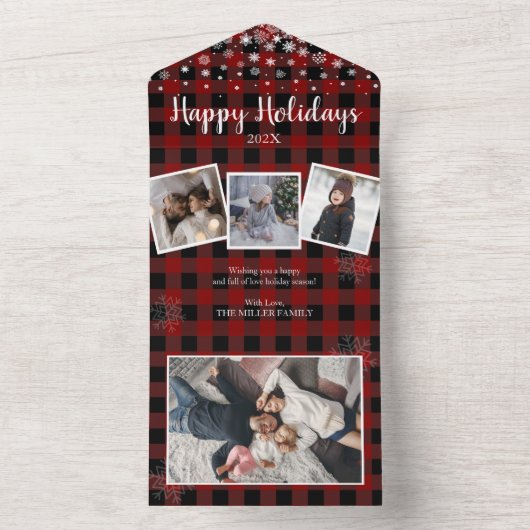 1枚のカードに4枚の写真を1枚の赤いプレイドクリスマス オールインワン招待状 (内側)
