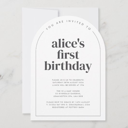 1枚のフォトアーチ型の最初の誕生日 招待状 (裏面)