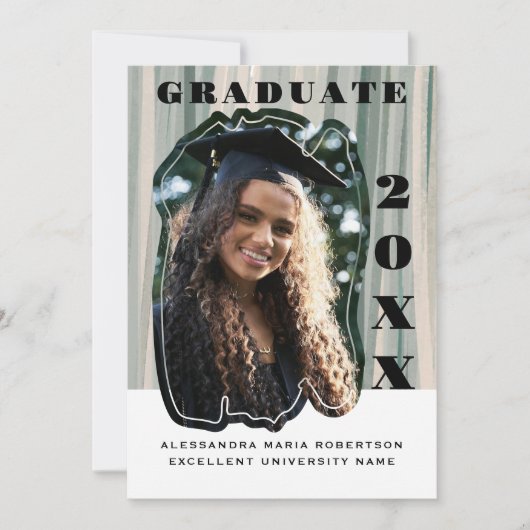 1枚のフォトセージ緑のベージュストライプの卒業 案内状 (正面)