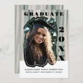 1枚のフォトセージ緑のベージュストライプの卒業 案内状 (正面/裏面)