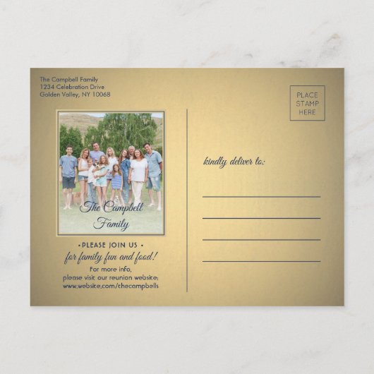 1枚のフォトファミリ懇親会で日付を青で保存し、金ゴールド 案内ポストカード (裏面)