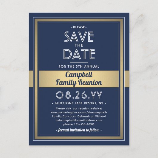 1枚のフォトファミリ懇親会で日付を青で保存し、金ゴールド 案内ポストカード (正面)