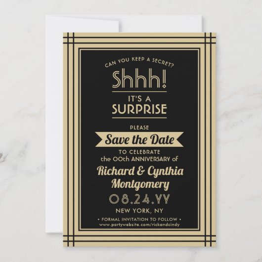 1枚の写真でサプライズパーティーのお知らせ ブラックとゴールド セーブザデート (正面)