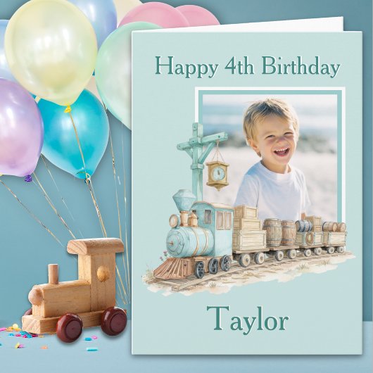 1枚の写真で作るトレインの4歳の誕生日カード カード