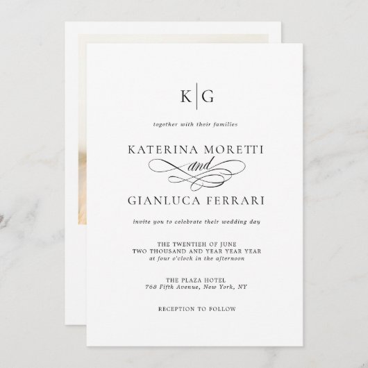 1枚の写真にモノグラムのスクリプ結婚ト 招待状 (正面/裏面)