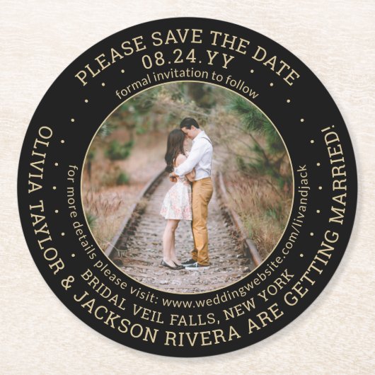 1枚の写真のブラック金ゴールドモダンの結婚式が日付を保存 ラウンドペーパーコースター (正面)