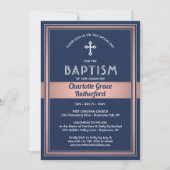 1枚の写真の女の子の洗礼　ネイビーブルーとピンクのローズゴールド 招待状 (正面)