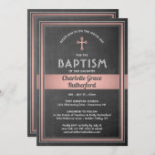 1枚の写真の女の子の洗礼 黒板とピンクのバラのゴールド 招待状 (正面/裏面)