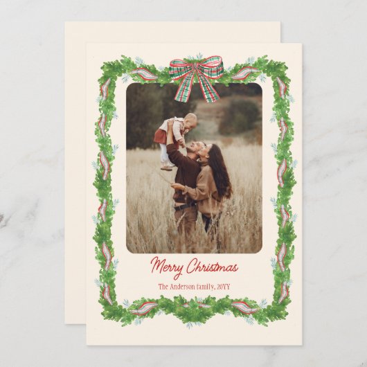 1枚の写真の格子模様の弓の素朴なクリスマスフォト シーズンカード (正面/裏面)