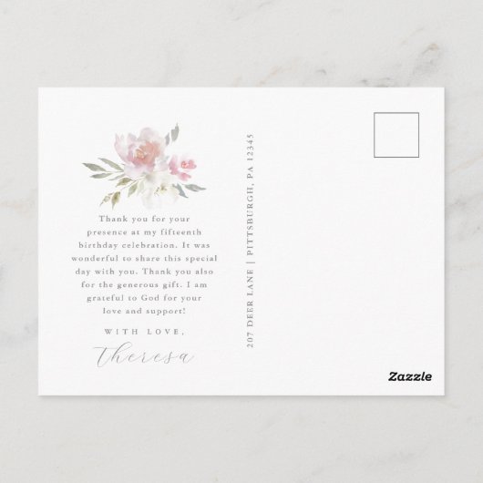 1枚の写真エレガントキンセアニェラピンクフローラスクリプト ポストカード (裏面)