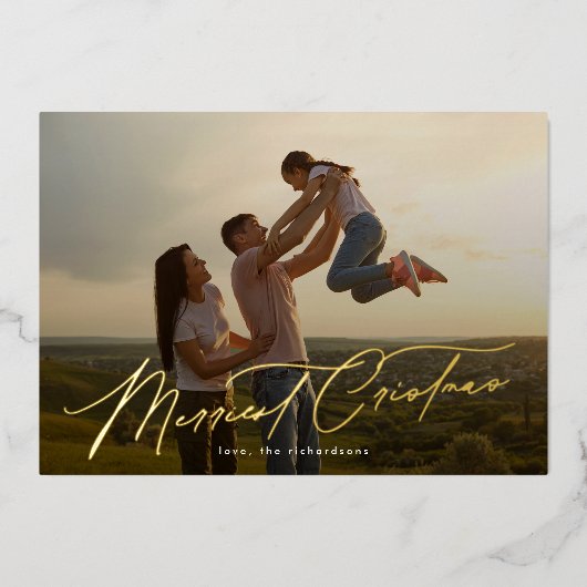 1枚の写真エレガント金ゴールドメリークリスマスタイポグラフィ 箔シーズンカード (正面)