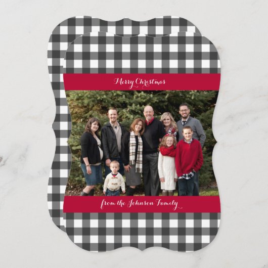 1枚の写真クリスマスカード – バッファローチェックのプレイド シーズンカード (正面/裏面)