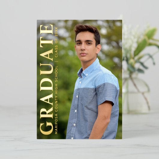 1枚の写真シンプルの卒業発表クラス 箔招待状 (立ち正面)