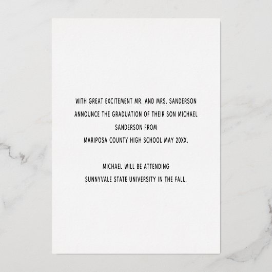 1枚の写真シンプルの卒業発表クラス 箔招待状 (裏面)