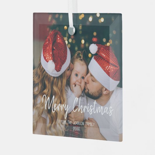 1枚の写真メリークリスマスファミリーモダン文字 ガラスオーナメント (正面左)