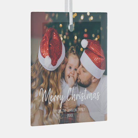 1枚の写真メリークリスマスファミリーモダン文字 ガラスオーナメント (正面右)