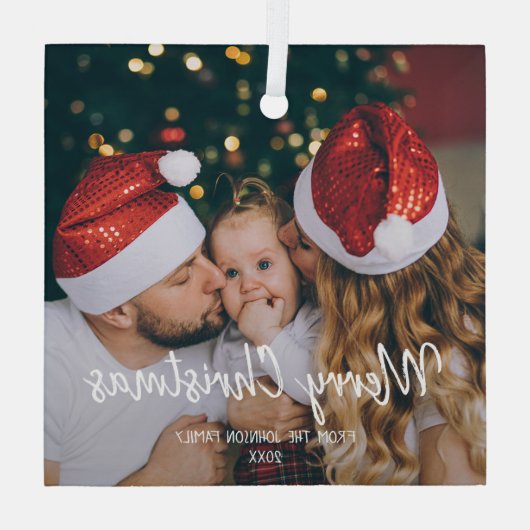1枚の写真メリークリスマスファミリーモダン文字 ガラスオーナメント (裏面)