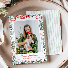 1枚の写真入り ホワイトクリスマス グリーン コケットボウ シーズンカード