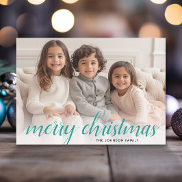 1枚の写真 モダンなクリスマスの手書き風フォントとテールブルーのダマスク柄 シーズンカード