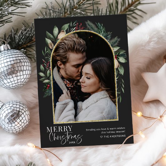 1枚の写真 モダンなグリーン ゴールドアーチ メリークリスマス シーズンカード