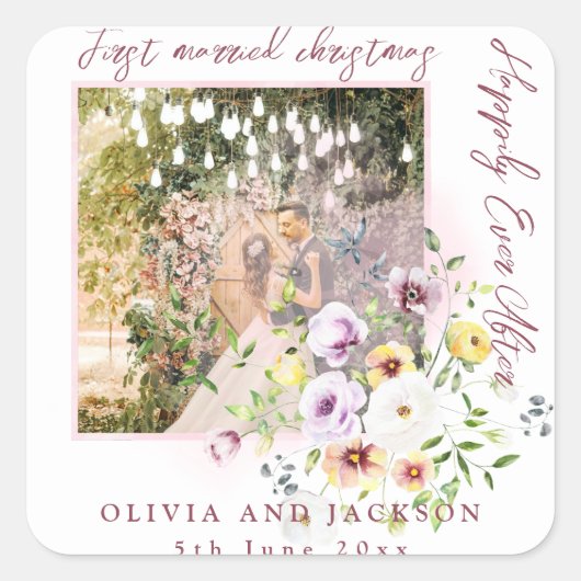 1枚の写真 新婚夫婦の初めてのクリスマス ピンクテキスト スクエアシール (正面)