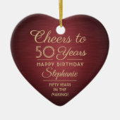 1枚の写真ANY誕生日ブラシ付きブルゴーニュと金ゴールドハート セラミックオーナメント (正面)