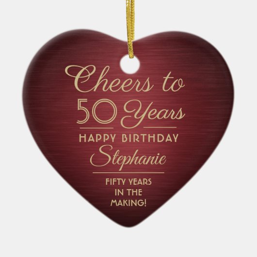 1枚の写真ANY誕生日ブラシ付きブルゴーニュと金ゴールドハート セラミックオーナメント (正面)