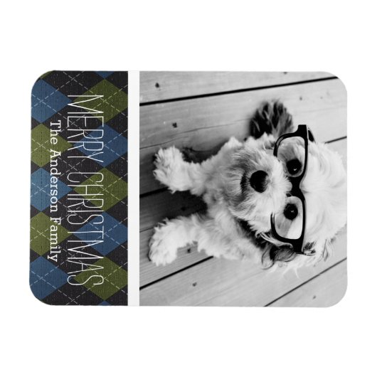 1枚の名門私立校風の写真でクリスマスの格子模様 マグネット (横)