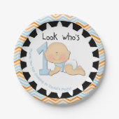 1枚の最初誕生日の紙皿であるカスタムな男の子の一見 ペーパープレート (正面)