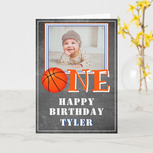 1枚の黒板バスケットボールの写真1歳の誕生日  カード (黄色い花)