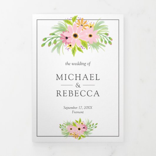 1枚エレガントの写真でピンクのフローラをすべて結婚表示 三つ折り招待状 (カバー)
