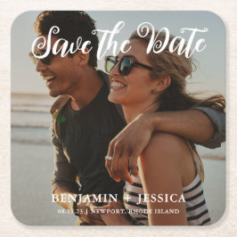 1枚シンプルの写真結婚式の日付を保存 スクエアペーパーコースター