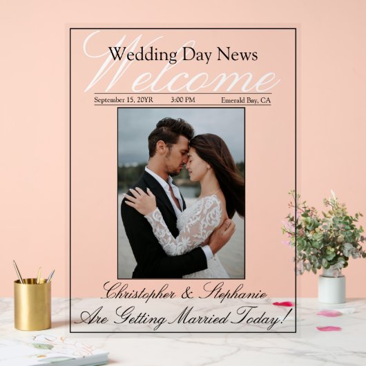 1枚モダンの写真シックな書道結婚の歓迎 アクリルサイン (ウェディング)