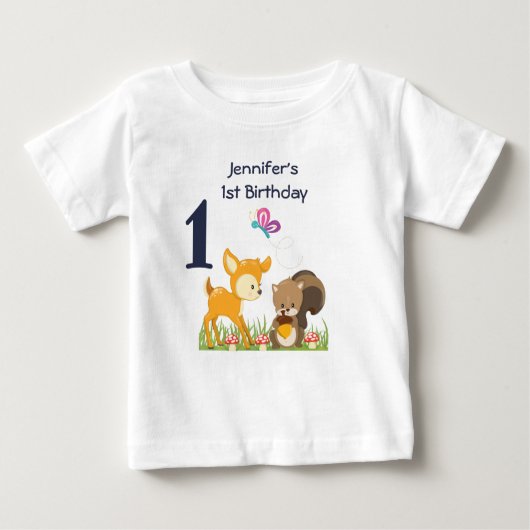 1歳になる誕生日かわいい森林動物 ベビーTシャツ (正面)