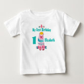 1歳のお誕生日かわいい水色クマ王冠をかぶる ベビーTシャツ (正面)