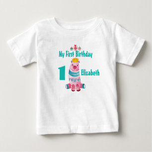 1歳のお誕生日かわいい水色クマ王冠をかぶる ベビーTシャツ