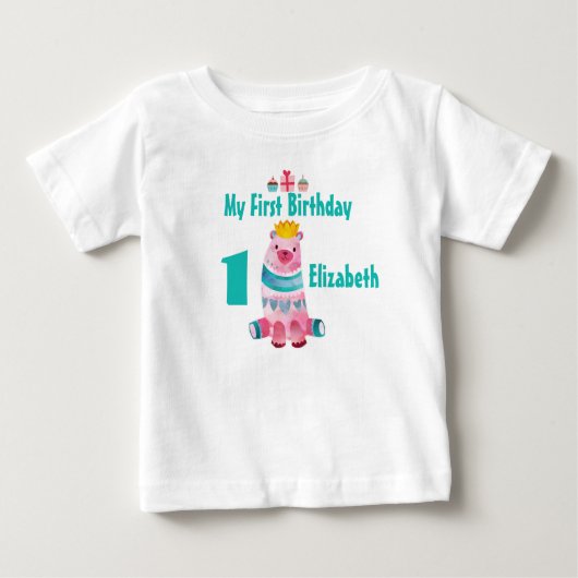 1歳のお誕生日かわいい水色クマ王冠をかぶる ベビーTシャツ (正面)