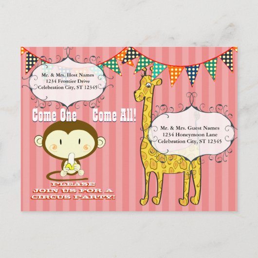 1歳のサーカスエレファントモンキーキリンパーティー インビテーションポストカード (裏面)