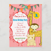 1歳のサーカスエレファントモンキーキリンパーティー インビテーションポストカード (正面)