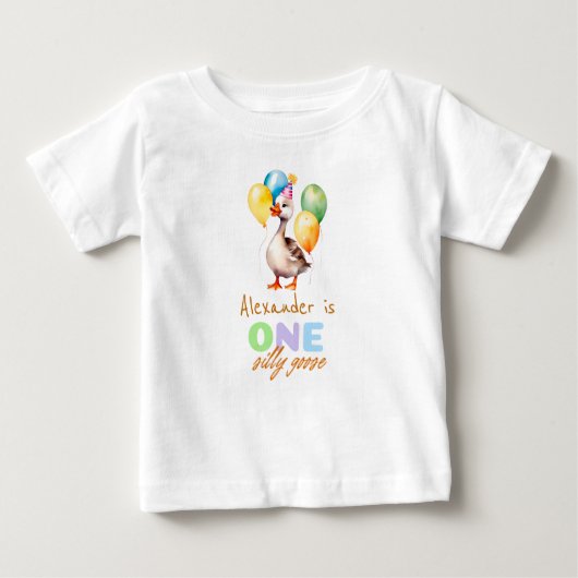 1歳のシリ―なガチョウの男の子 ブルー 誕生日 ベビーTシャツ (正面)