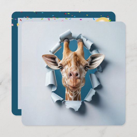 1歳のパーティーキリンが破れた紙 招待状 (正面/裏面)