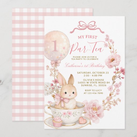 1歳のパーティーバニー初めての誕生日パーティーの女の子 招待状 (正面/裏面)